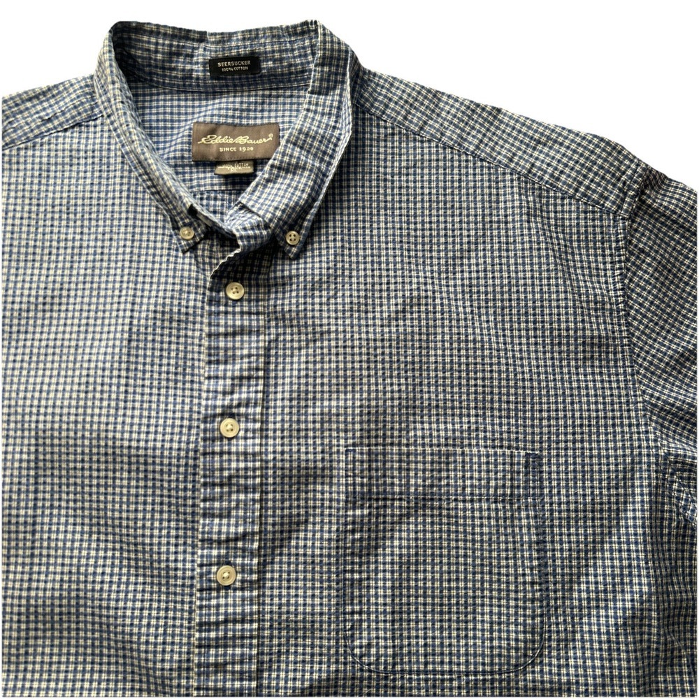 Eddie Bauer Seersucker Men's XL Tall Blue Check Short Sleeve Button Up Shirt EUC